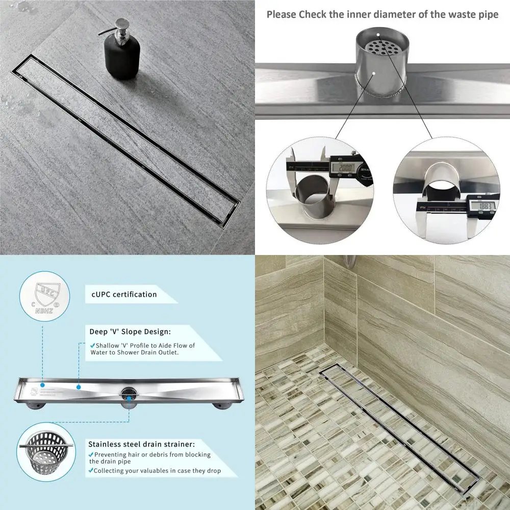

Linear Shower Drain 36-Inch with Tile Insert Grate, Brushed Stainless Steel Rectangle Floor Drain, Modern Drainage System