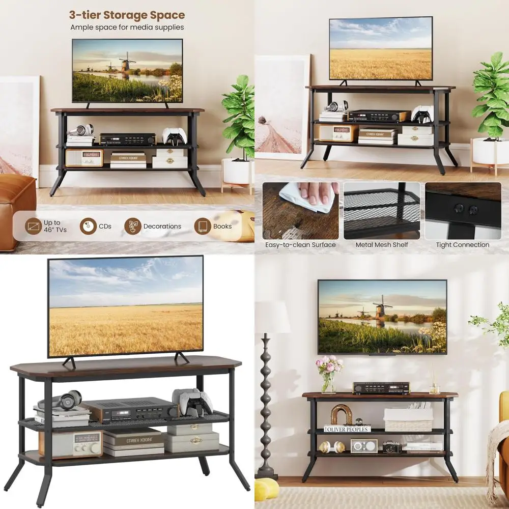 

46-дюймовая 3-уровневая восьмиугольная подставка для телевизора с 2 полками, развлекательный центр в индустриальном стиле для гостиной, цвет рустик-коричневый