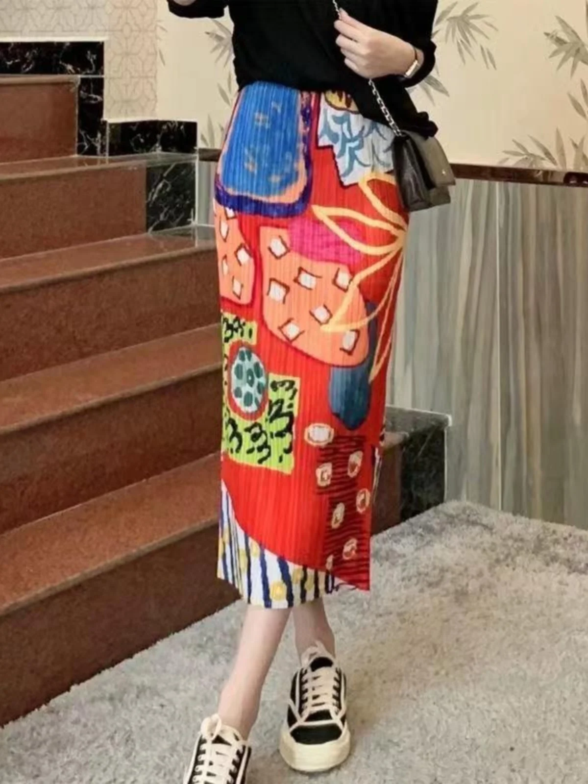 

Casual Printed Pleated Skirt Commute Style A-Line Long Skirt mid Waist Design Spring Summer Seasonal Women's Fashion