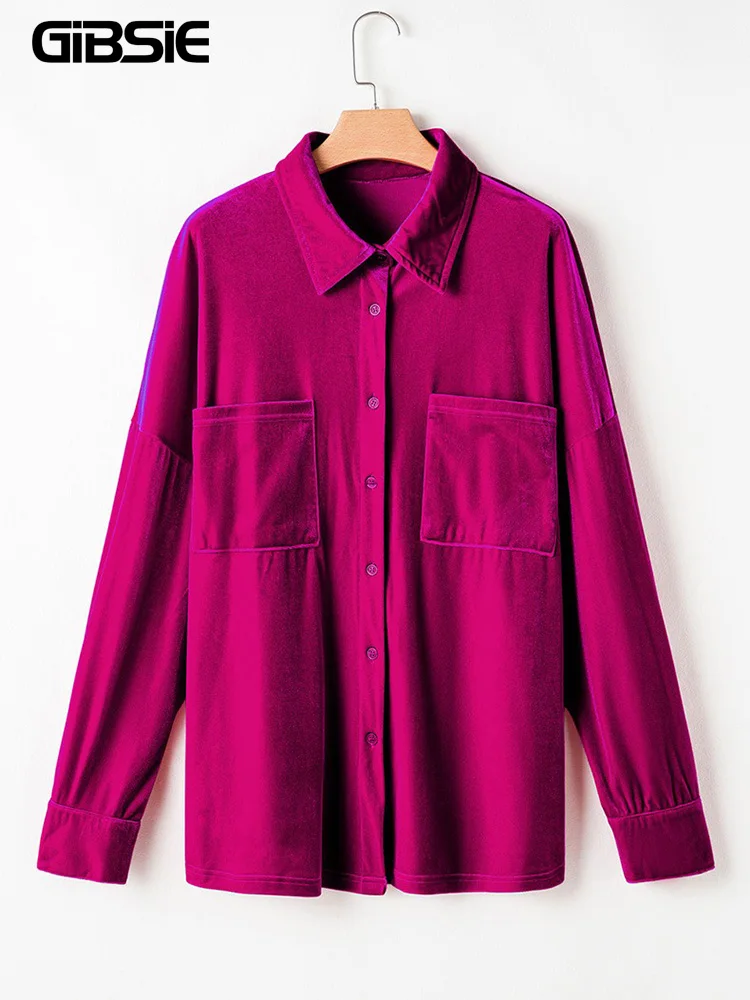 

GIBSIE плюс размер 2025, осень-зима, однотонная бархатная рубашка, женские повседневные однобортные рубашки с длинными рукавами, топ с карманами