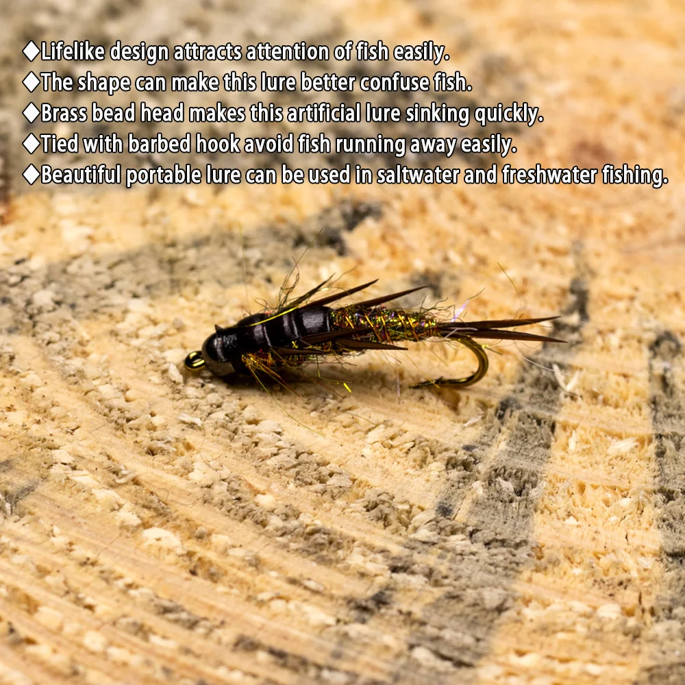 Vampfly Brass Bead Head Fast Sinking Stonefly Nymph Scud Fly Bug Worm Copper Wire Rib Wet Nymph Trout Bass Fishing Fly Lure Bait