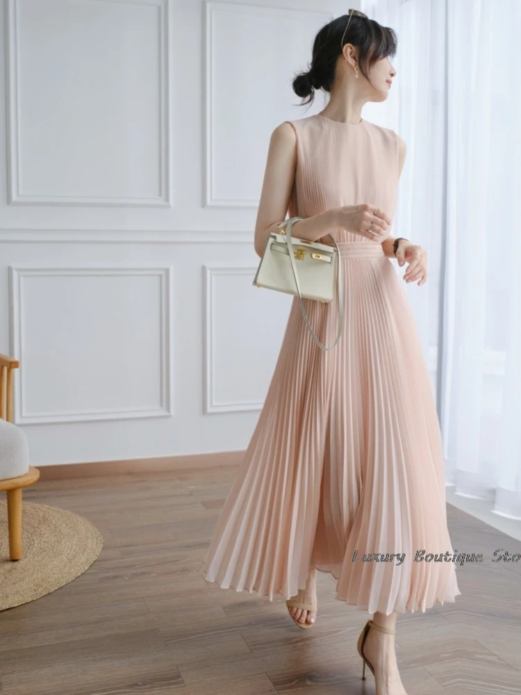 Zipper Chiffon Pink Pleated Women Dress 2024 New Casual O-neck Solid Color Sleeveless Tank Dresses Fashion Chic Female Clothing