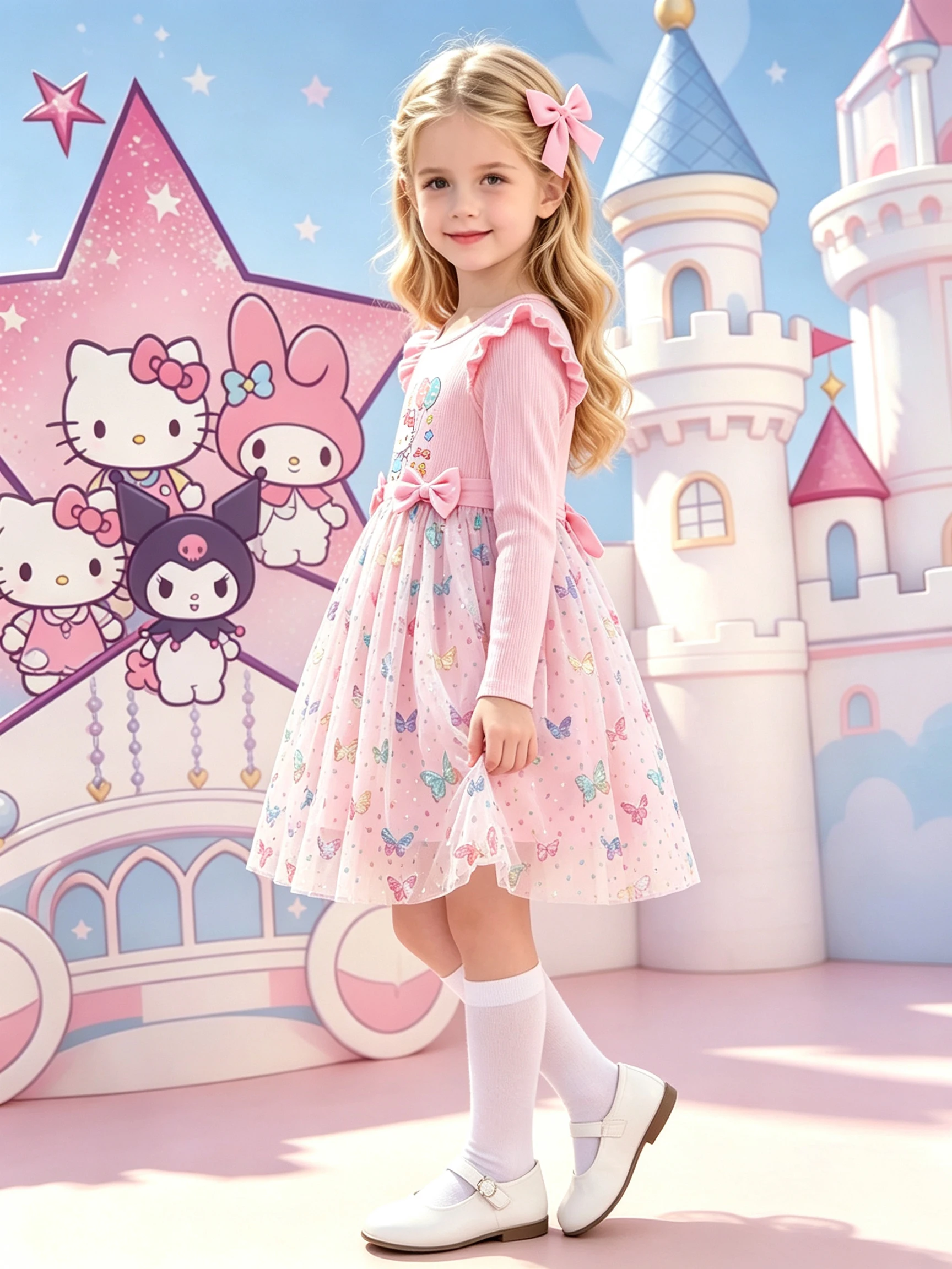 Girls' Long‑Sleeve Tulle Dress, Cartoon Print, Bow Decoration, Sequin Butterfly Tulle Skirt, Princess‑Style Autumn Outfit for Li