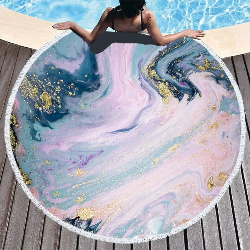 Blue Abstract Marbling Summer Round Beach Towels Thick Sports Bath Shower Towel Bohomia Yoga Mat With Tassels