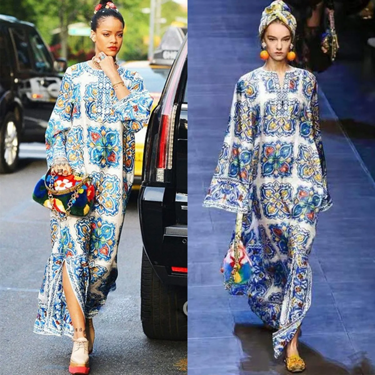 Boêmio praia vestido de noite feriado azul e branco impresso verão mangas completas baile de formatura vestido de festa boho robe de mariée em estoque