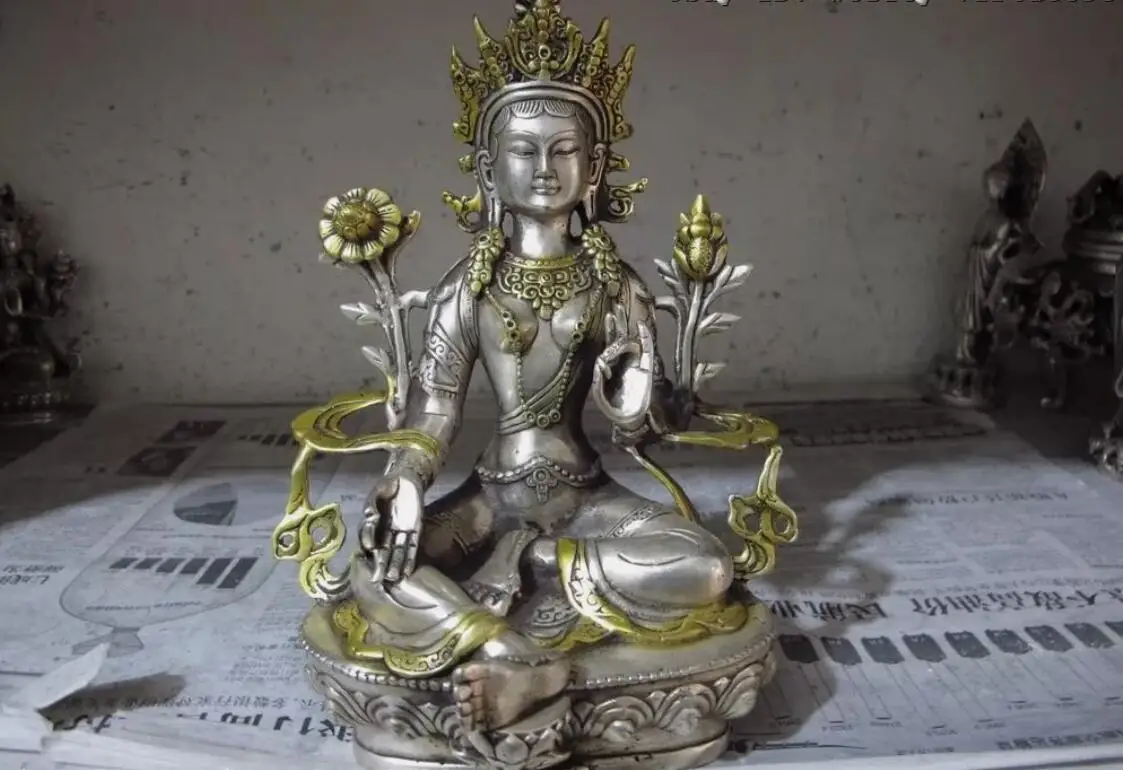 Tibet Buddhism White copper silver Gild Green Tara Guan Yin Kwan-yin Goddess