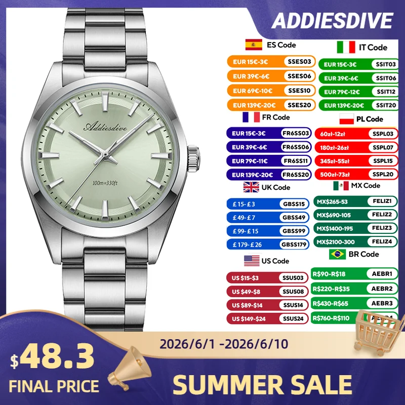 

ADDIESDIVE Men‘s Watch AR Coating Domed Glass Mint Green Dial 100m Diving 316L Stainless Steel Luminous VH31 Quartz Watch New