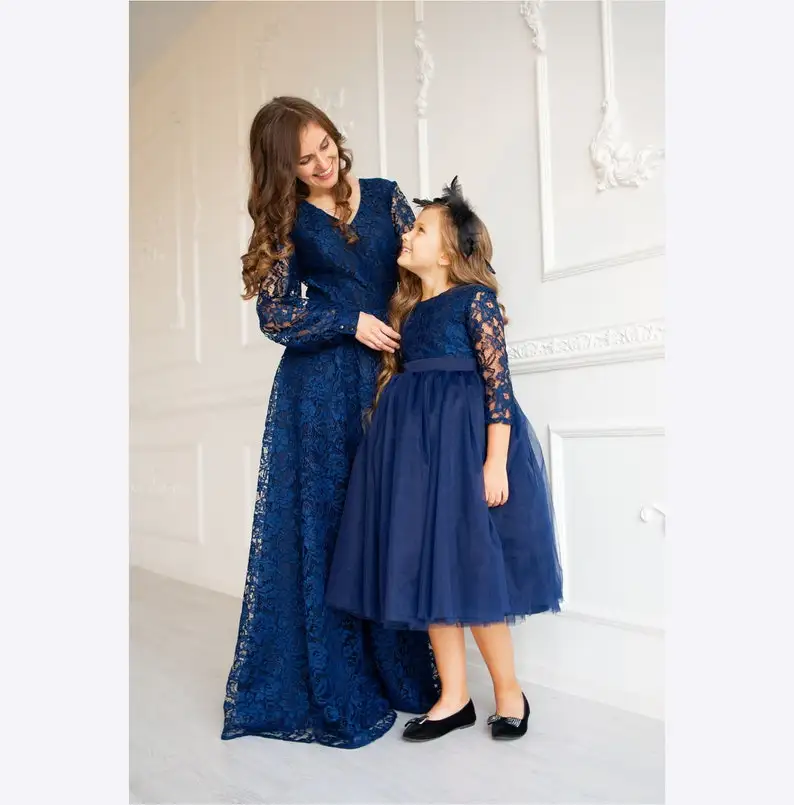 Navy Mommy and Me Dress Mother Daughter Formal Dress for Birthday Long Sleeve Lace Wedding Guest Outfit Photoshoot Gown