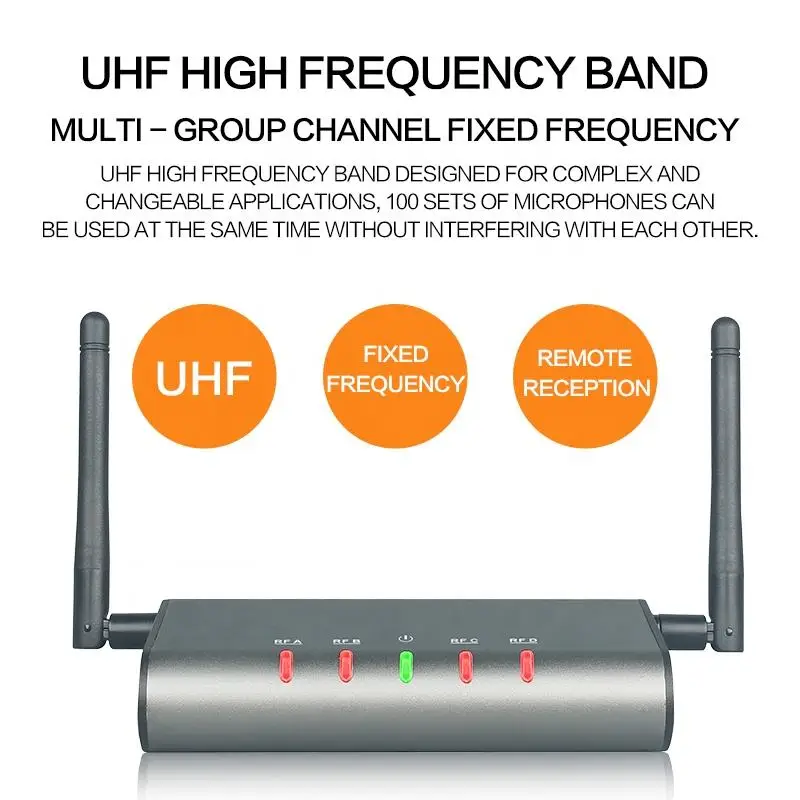 OEM U-F4600 Metal 4 Channel UHF Wireless Microphone System with 4 Handheld Dynamic Microphones and Mini Receiver Portable