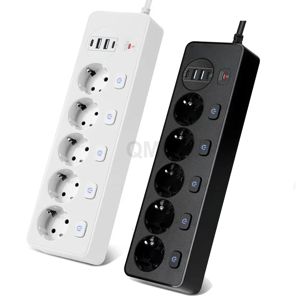 

EU Plug Overload Protection Power Strip with Type-C USB Port 2M Extension Cord European Power Socket Board for Household Bedroom