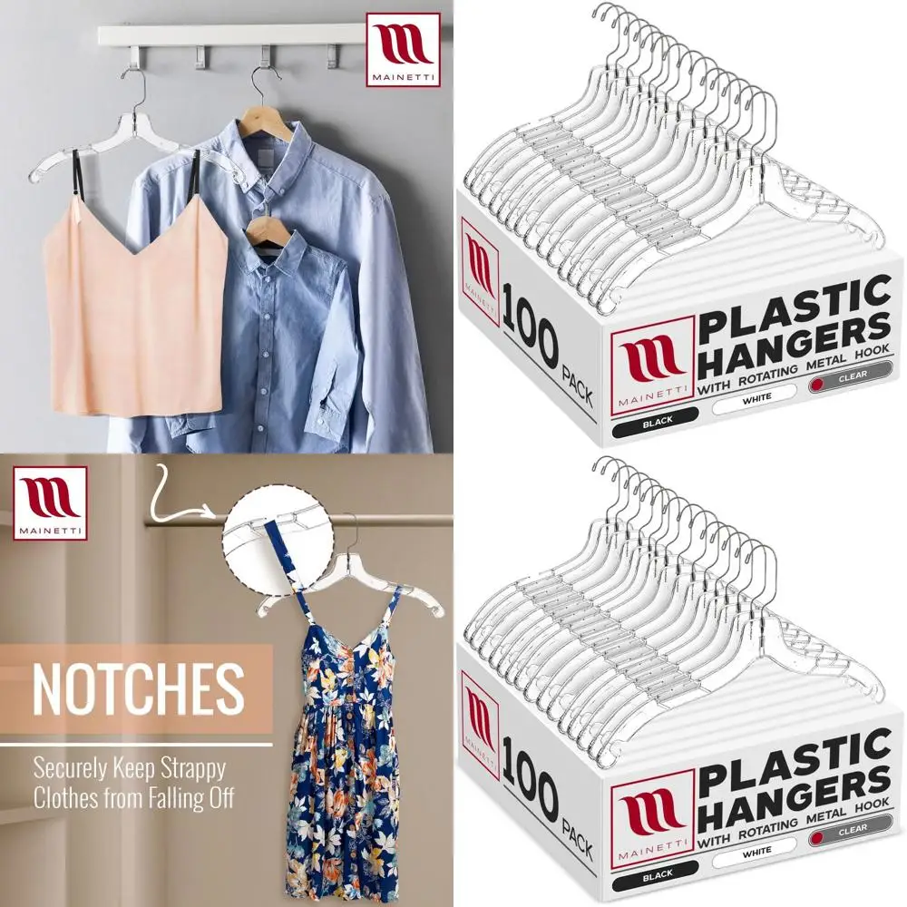 

100 Pack 17-Inch Clear Plastic Hangers with 360° Swivel Hook and Strap Notches for Various Clothing