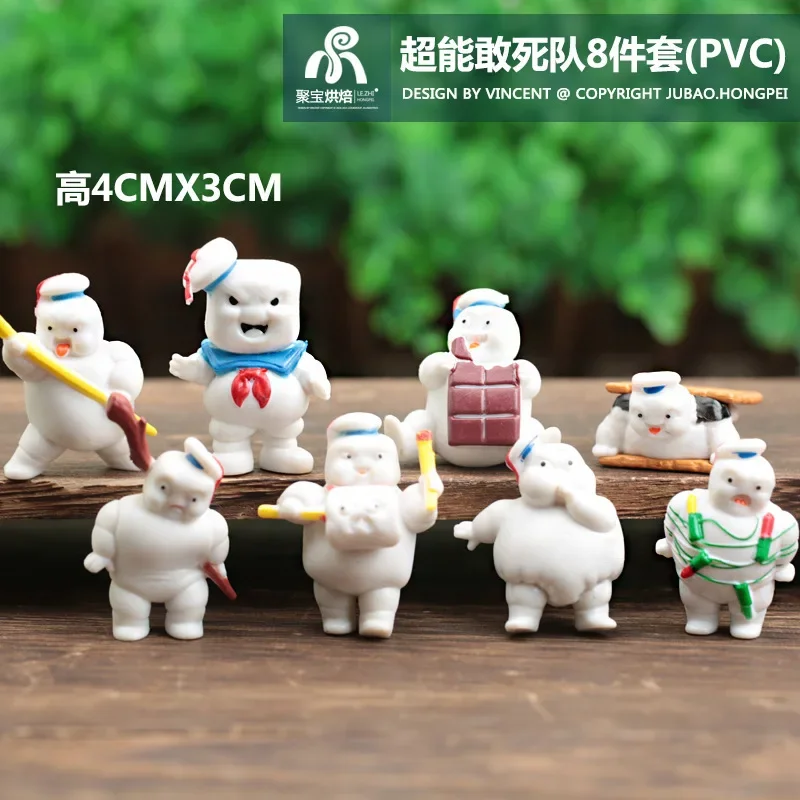 8pcs Vintage Ghostbusters 3 Green Ghost Ornaments Stay Puft Marshmallow Man Sailor Action Figure Toy Doll For Children Gift