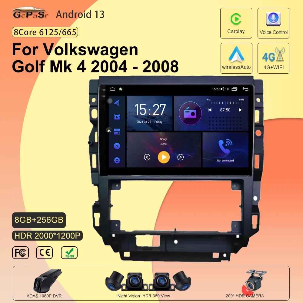 Android 13 dla Volkswagen Golf Mk 4 2004 - 2008 Radio samochodowe multimedialny odtwarzacz wideo nawigacja GPS WiFi Android Auto No 2 Din 4G