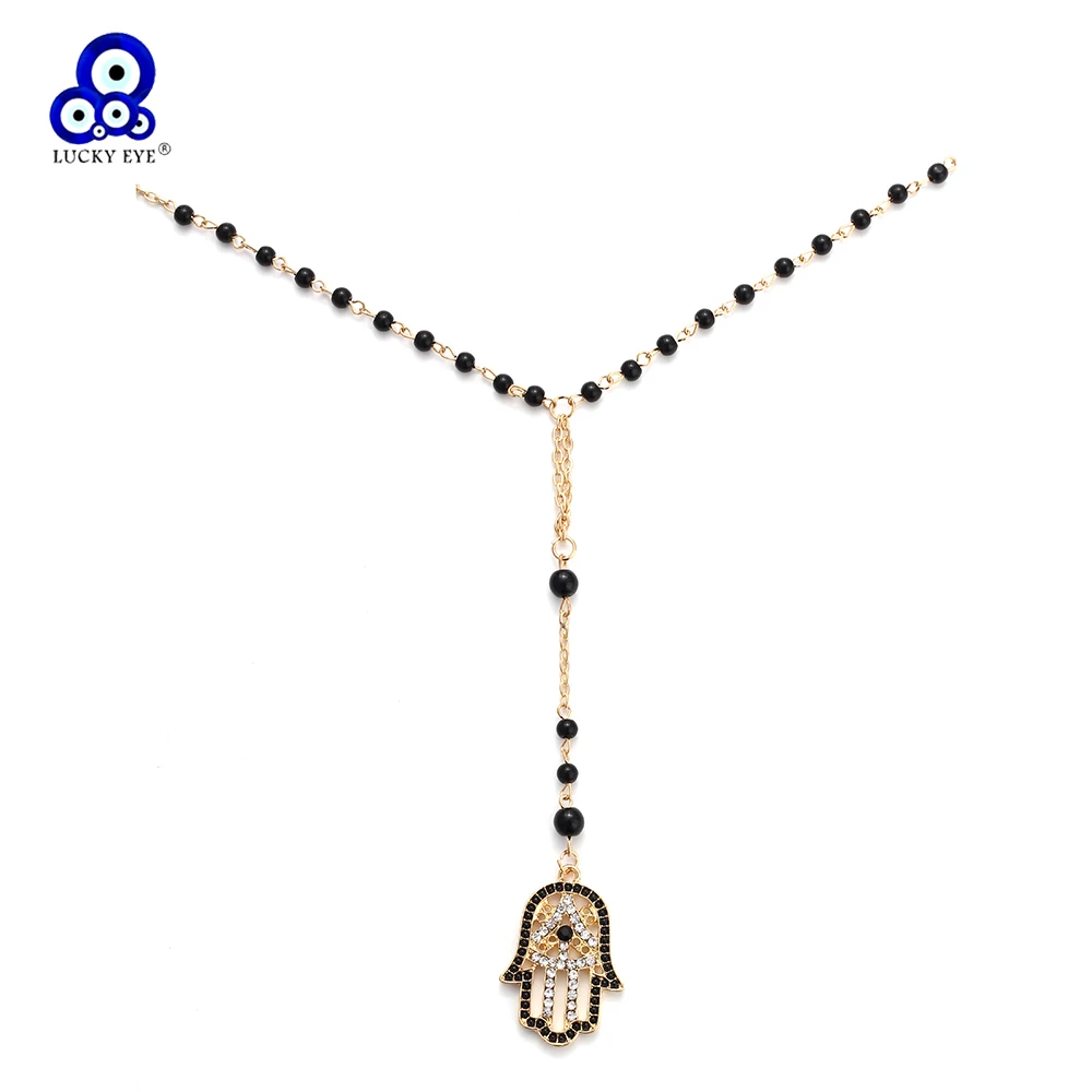 Lucky Eye Fatima Hamsa Hand Pendant Necklace Black Beads Long Chain Evil Eye Necklace for Women Men Jewelry collar bijoux שרשרת