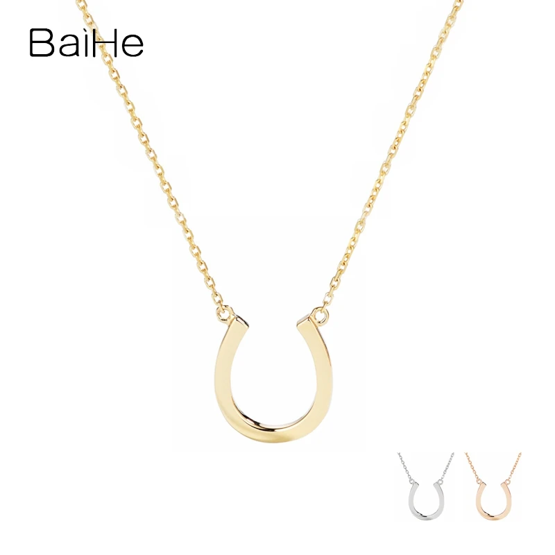 BAIHE Solid 18K Yellow Gold Real Gold U shape Letter Necklace Women Men Gift Trendy Everyday Wedding Fine Jewelry Collar Letra U