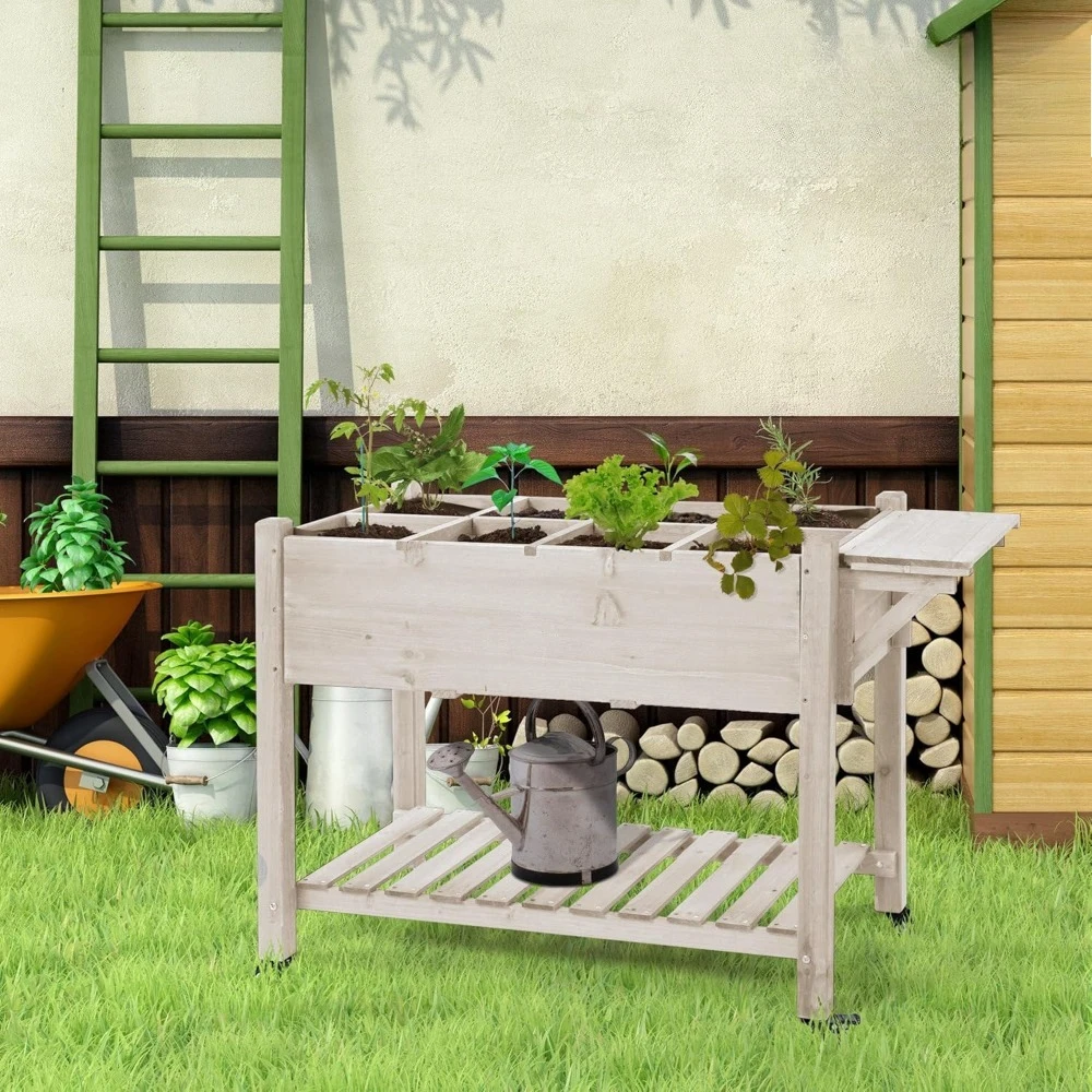 

Raised Garden Bed with 8 Grow Grids, Wooden Outdoor Plant Box Stand with Folding Side Table and Wheels, Customized