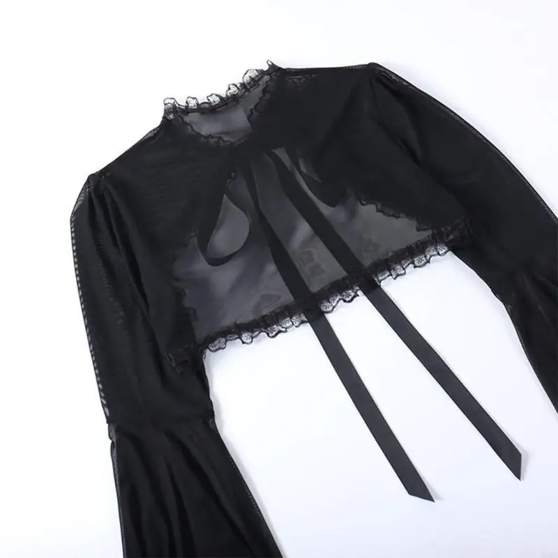 R3MC – haut court évasé à manches longues pour femmes, gothique, Punk, Vintage, esthétique, garniture en dentelle, transparent,