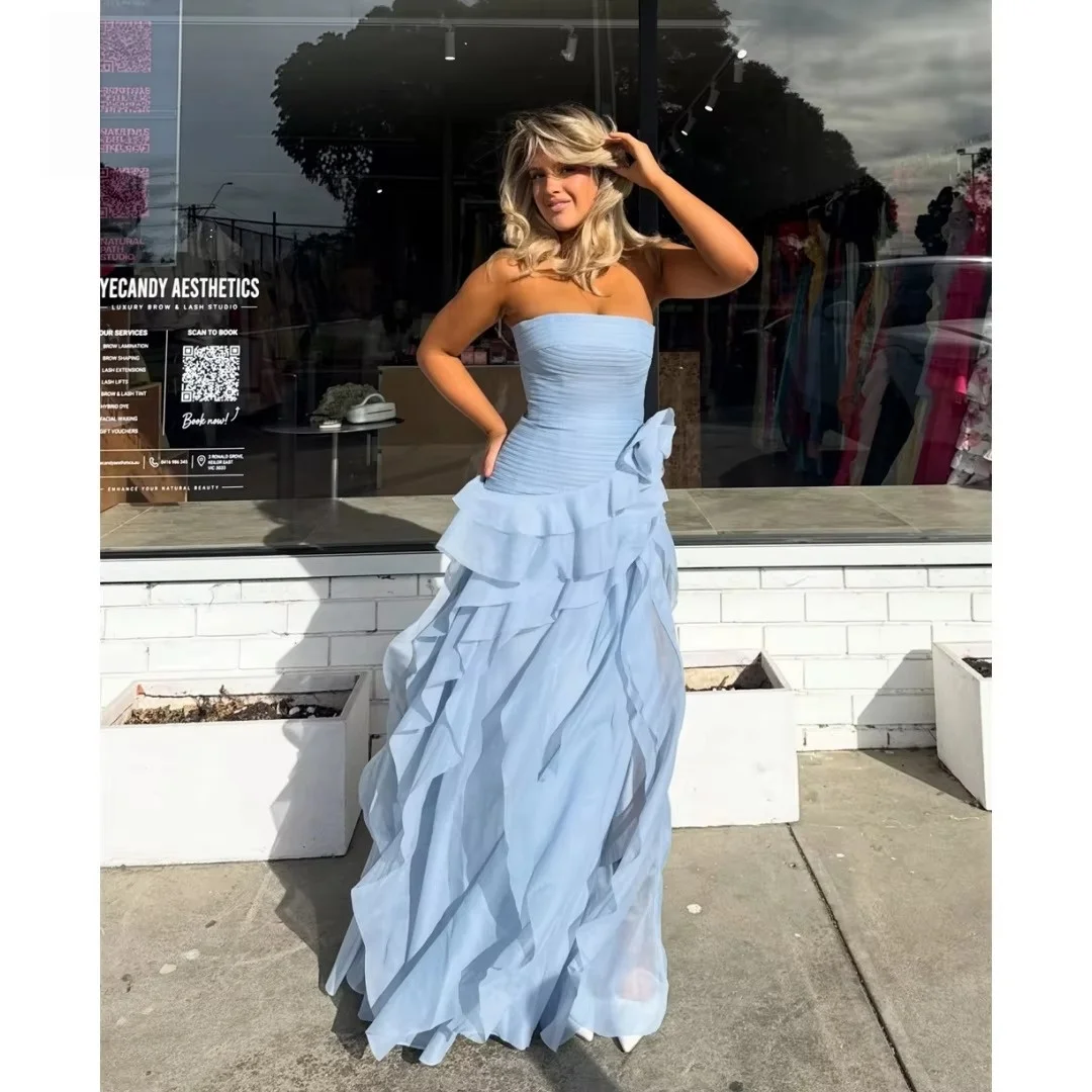 Ladies Strapless Dresses Light Blue Chiffon Ruffle Tiered Skirt Ruched Top Long Formal Evening Wedding Party Prom Dresses