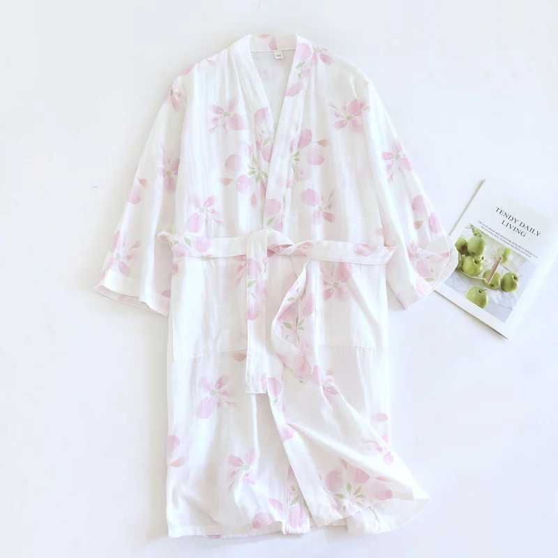 1-Piece Women's Kimono Robe, Japanese Cherry Blossom Print Sleepwear, Double Gauze Cotton Lightweight & Breathable, Romantic Rel