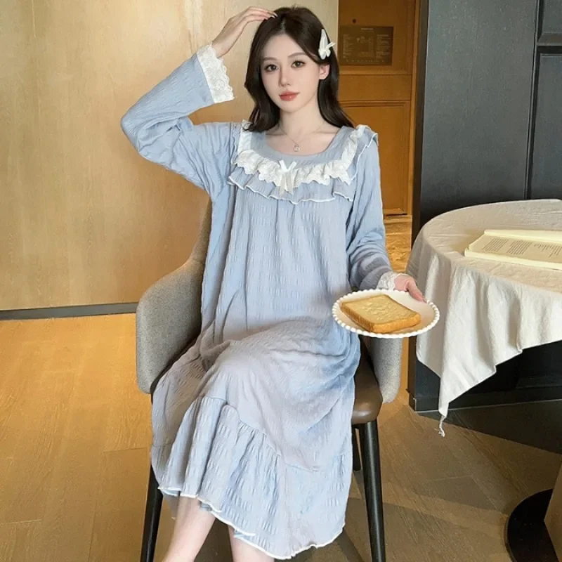 Lace Design Nightgowns Women Ruffles Loose Sweet Tender Princess Home College Girls All-match Sleepwear Spring Autumn Ulzzang