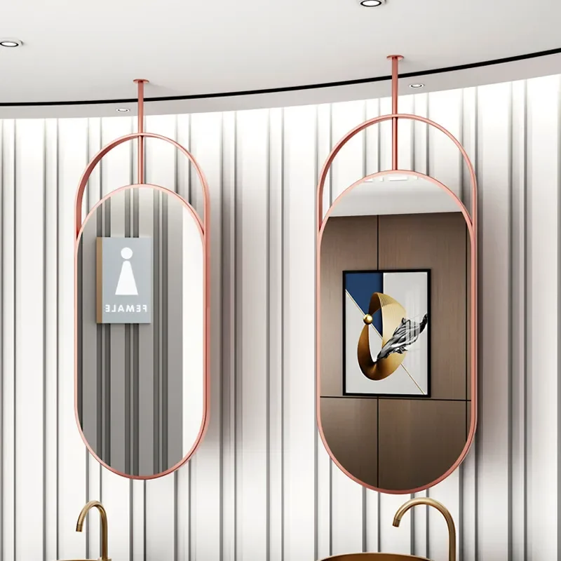 Hollow Oval Ceiling Suspended Mirror Stainless Steel Smart Bathroom Mirror for Hotel and Homestay