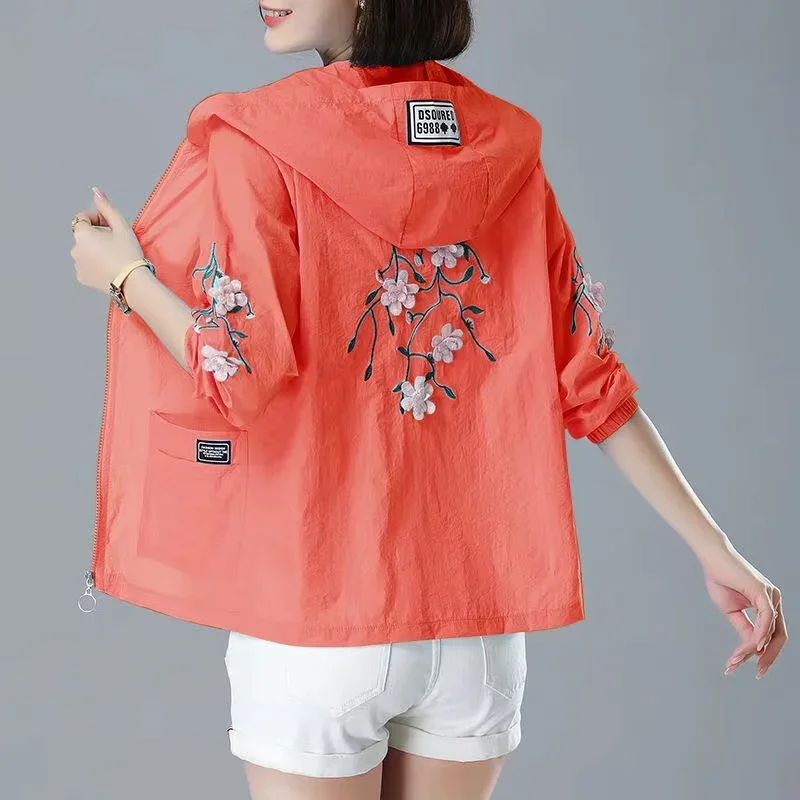 

Embroidery Print Hooded Thin Coat Spring Summer Oversize 5xl Loose Jackets Women Casual Sun Protection Outwear Elegant Chaquetas