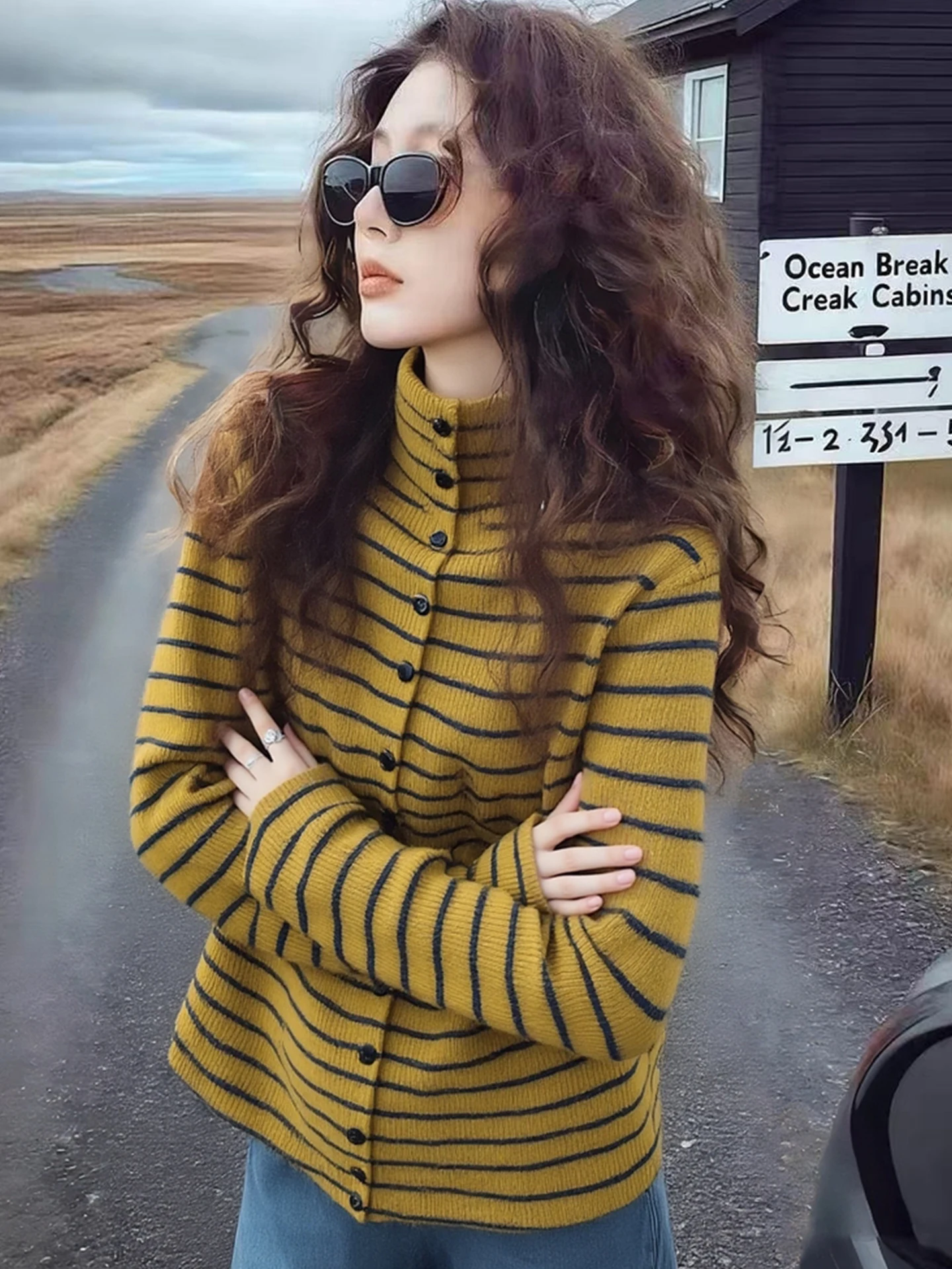 Retro Farbe Blo Gestreiften Hoher Kragen Lange Sve Gestrickte Offene Strickjacke Frauen Slim Fit Faionable Herbst Winter Top