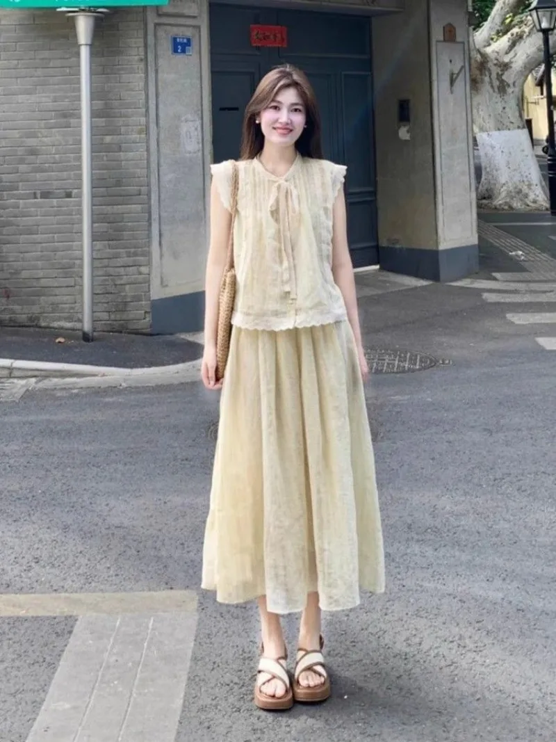 새로운 프랑스 패션 여름 여성 투피스 세트 우아한 레이스업 플라잉 슬리브 블라우스 탑 + 루즈핏 스커트 솔리드 컬러 아웃핏 소녀들을 위한 의상