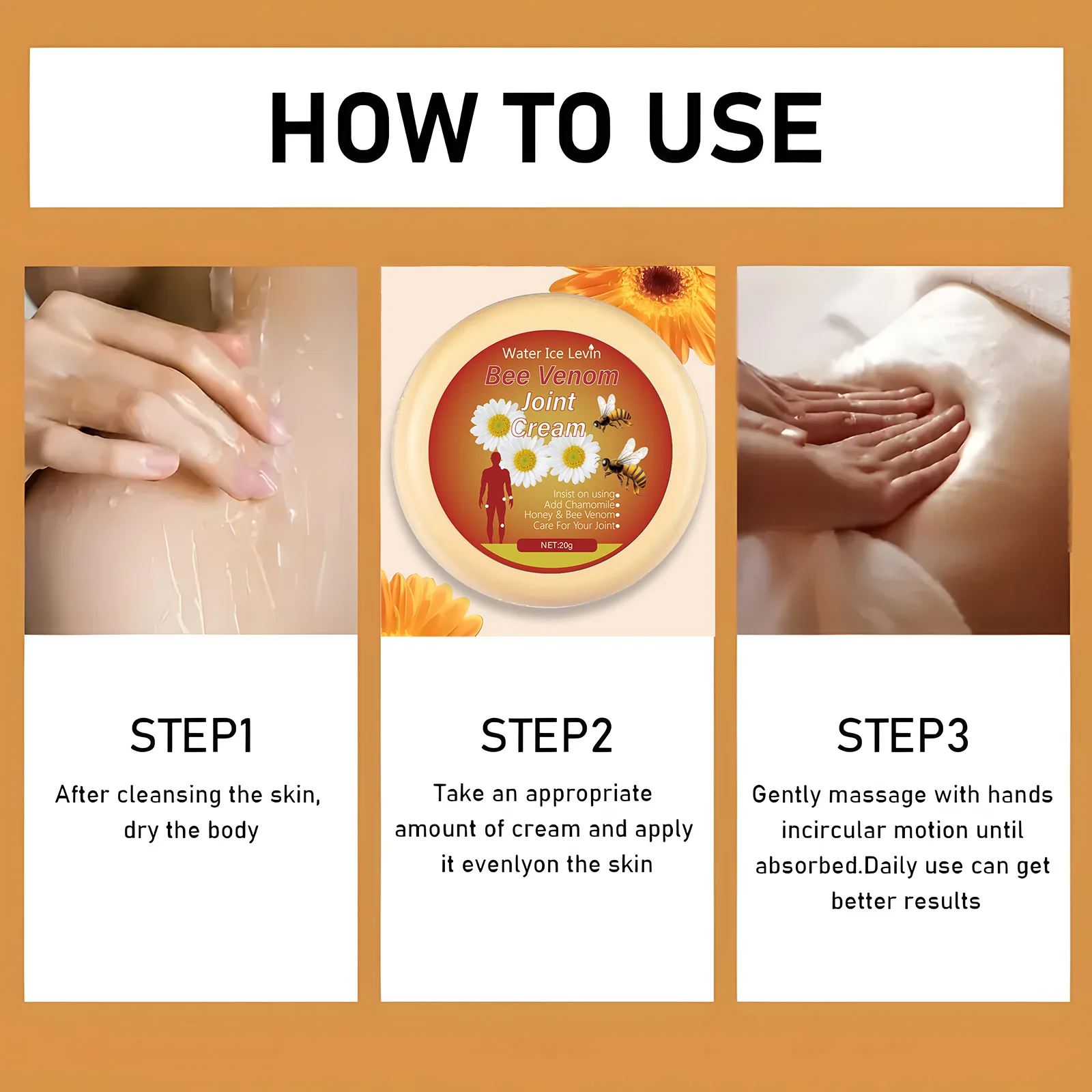 كريم مفصل سم النحل غني بسم النحل، ومكونات البابونج. إنها مناسبة لكل من الرجال والنساء، قفل الرطوبة، ترطيب طويل الأمد، خفيف وسهل الامتصاص #5