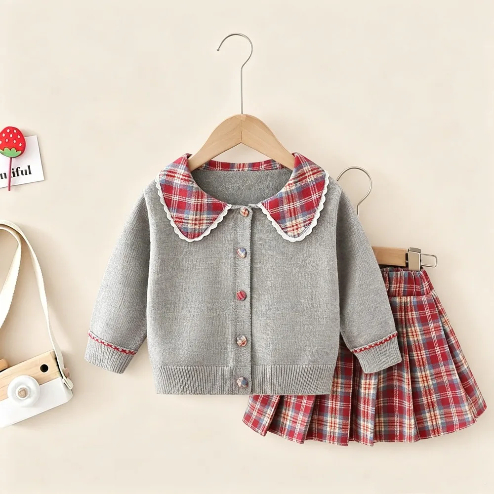 2026 Autumn Winter Girls Knit Two Piece Set, Solid Round Neck Spliced Plaid Knit Cardigan JK Style Outfit for 90-130cm