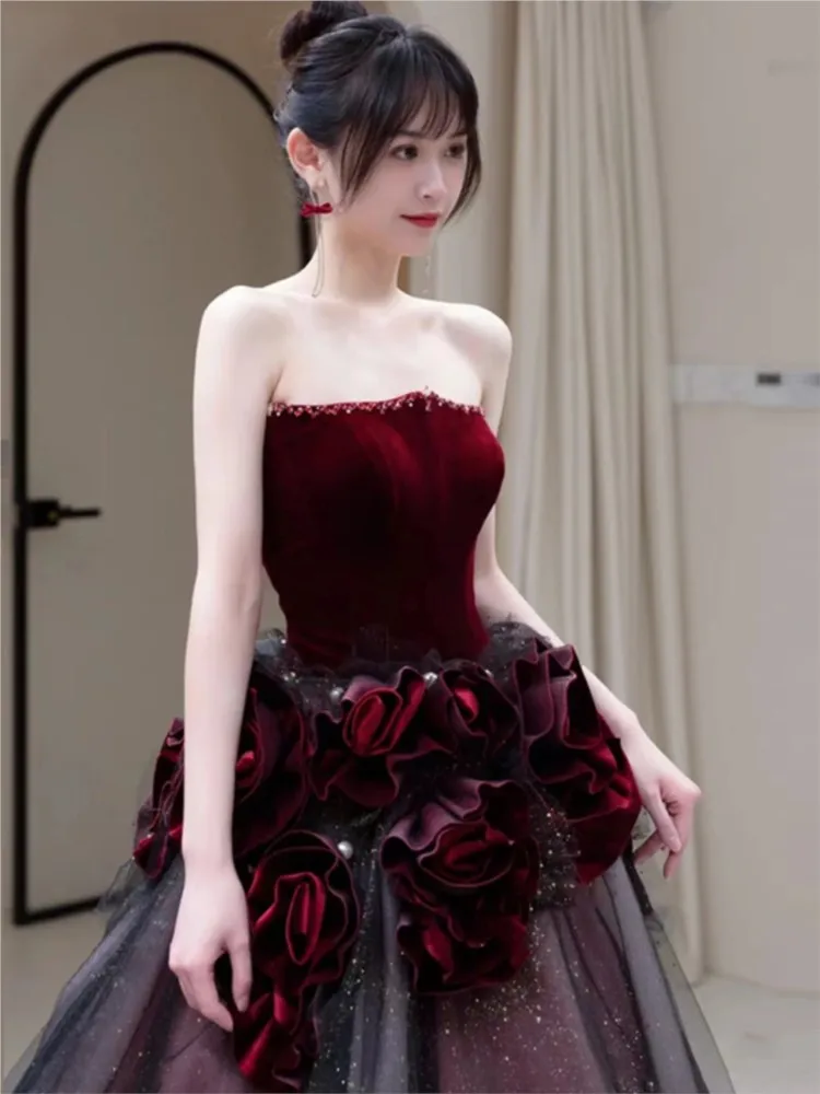 Toasting wear shoulder wipe breast temperament red female dress