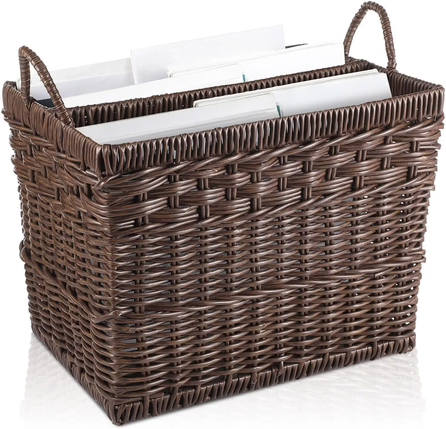 Holder Rectangular Wicker Divided Magazine Basket with Handle Newspaper Book Storage Basket Organizer for Of