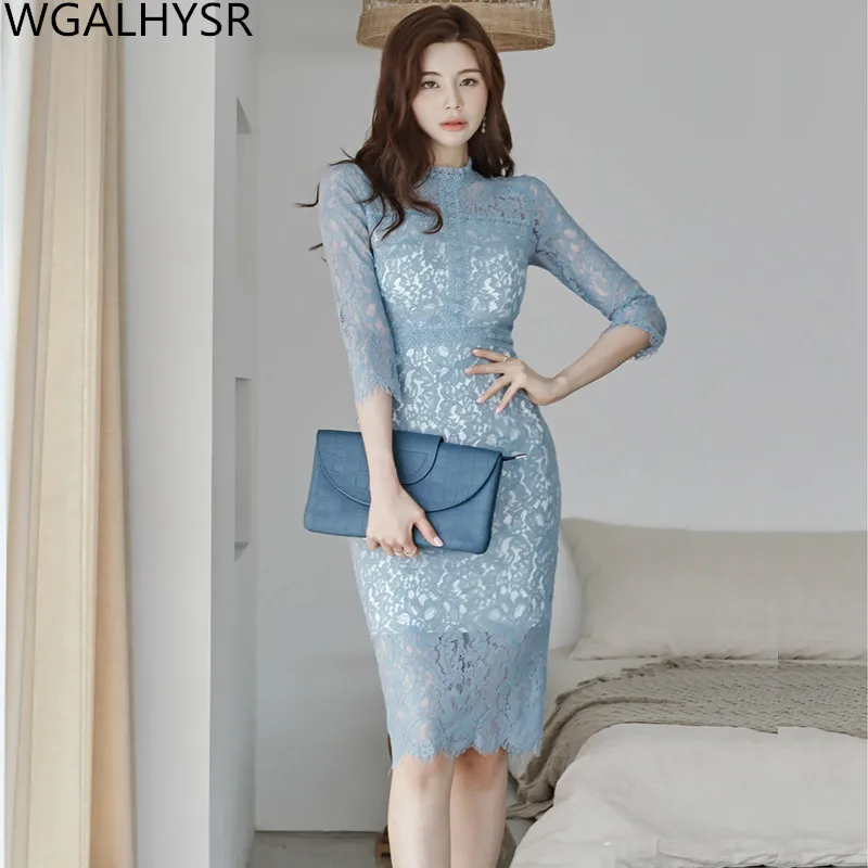 

2024 Summer New Korean Temperamental Slim Mid Length Lace Dresses Women Three-Quarter Sleeve Fashion Pencil Dress