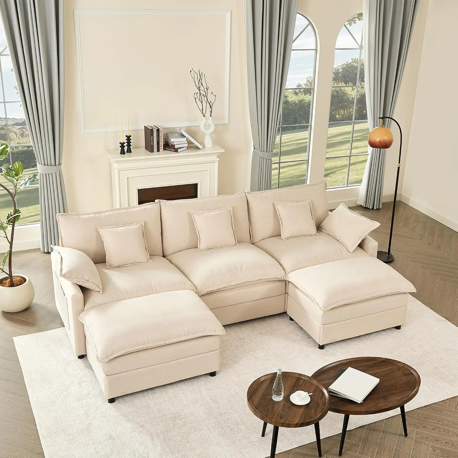 U-Shaped Modular Cloud Sofa, Deep Seat, Linen Beige, 108 Inch, Customized