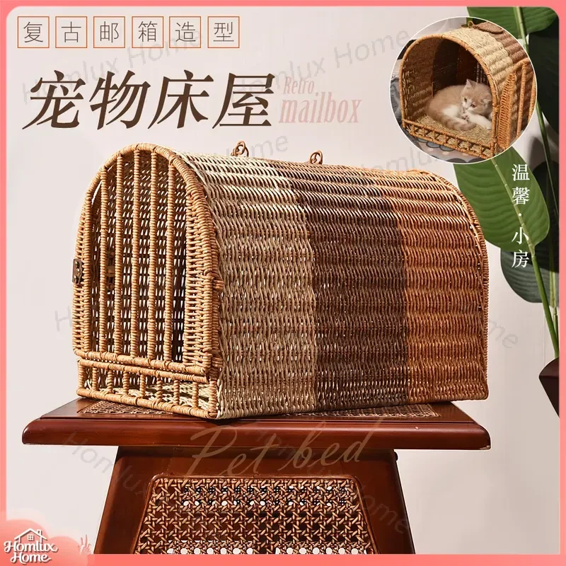 Portable Rattan Cat Nest Cage for Travel Car Transport Breathable Pet Carrier Air Ventilated Storage Box Outdoor Use Small