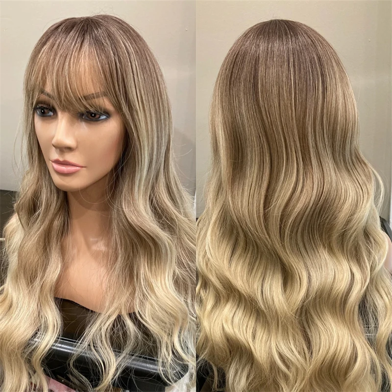 Long Wavy Blonde Brown Wig With Highlight And Bangs Lace Front Synthetic Wig With Bangs Realistic Hairline Wig For Women Cosplay