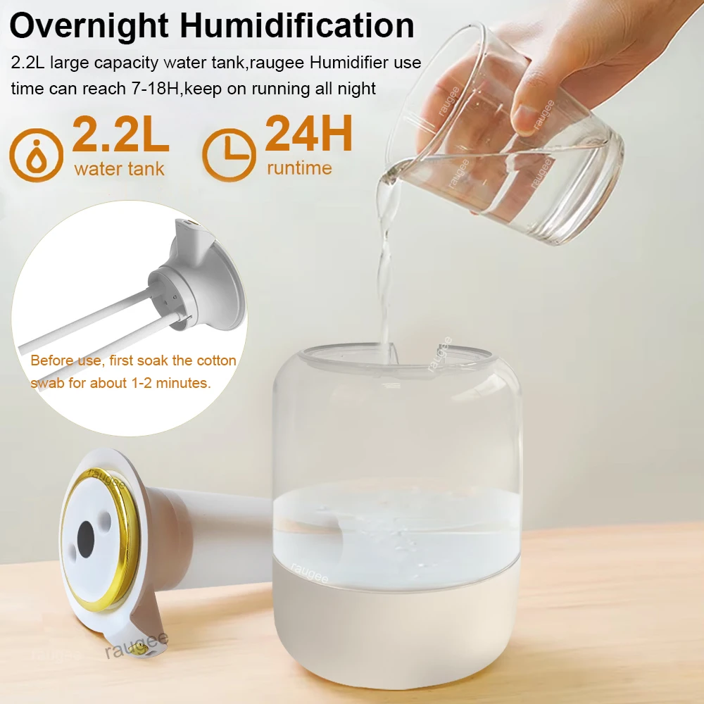 Luftbefeuchter, 2,2 l, großes Fassungsvermögen, Heimluftbefeuchter, stumm, Nebelhersteller, Doppeldüse, USB-Luftbefeuchter für Schlafzimmer mit LED-Nachtlicht – Detail 7