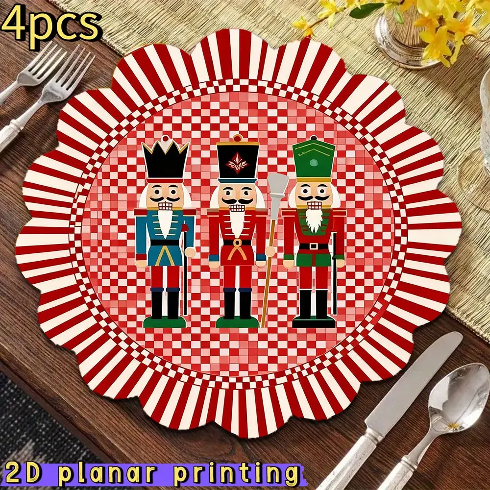VIKAMA Round Christmas Placemats Nutcracker Check Linen Mats Non-Slip Heat Resistant for Xmas Holiday Table Decor