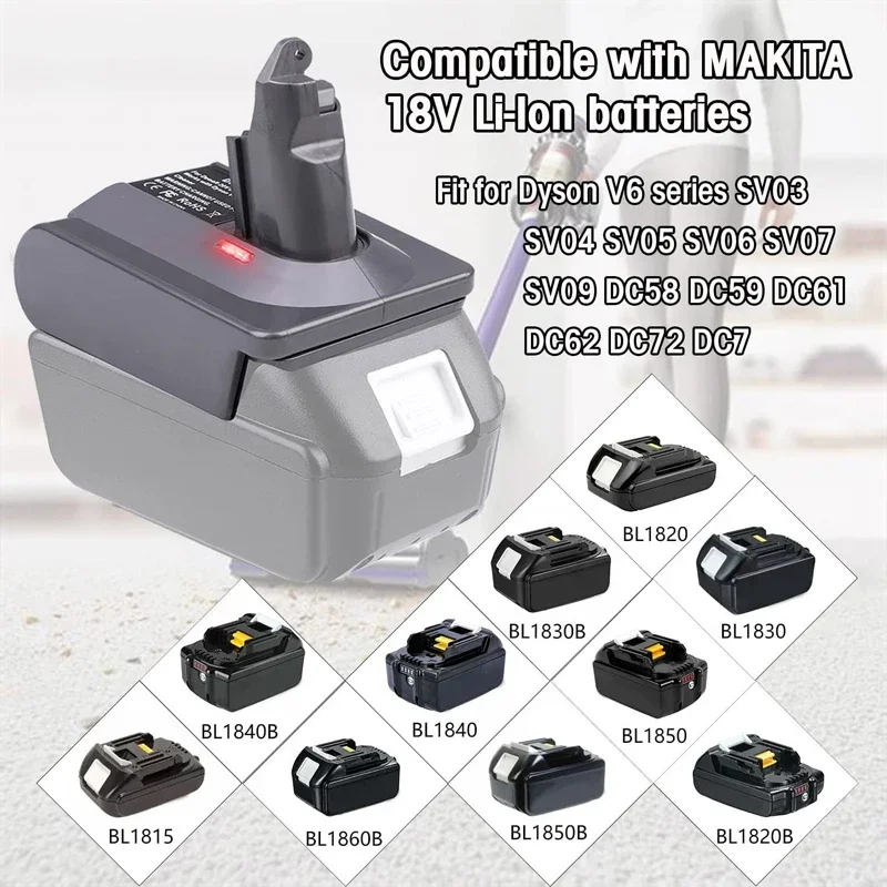 MT18V6 Battery Converter Adapter For Makita 18V Li-ion Battery Convert To For Dyson V6 V7 V8 Cordless Vacuum Cleaners Tool Use