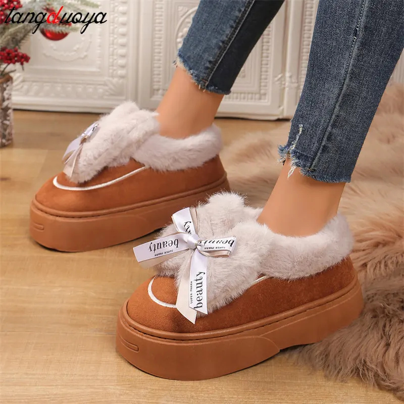 Women\'s Winter Snow Boots Platform Plus Velvet Warm Cotton Shoes Ladies sweet Bow Designer Non-Slip Short Boots Zapatos De Mujer