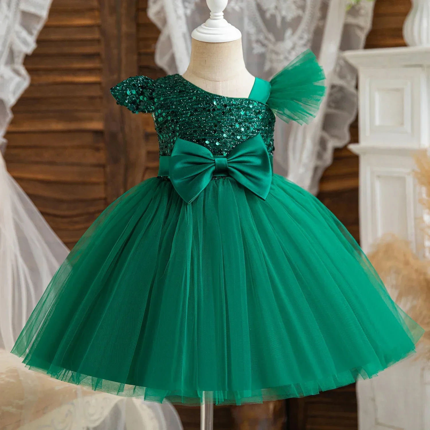 Baby Sequins Baptism Tutu Gown Infant 1st Birthday Princess Party Dresses Wedding Gala Costume Baby Girls Green Christmas Dress