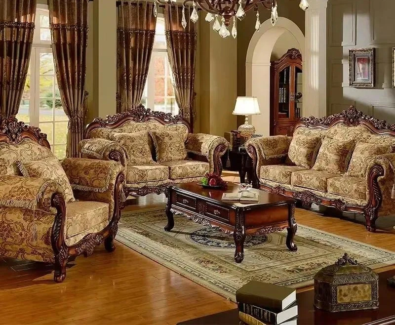 European Retro Solid Wood Carved Fabric Sofa Detachable Cover for Easy Cleaning Living Room Hotel Apartment Furniture