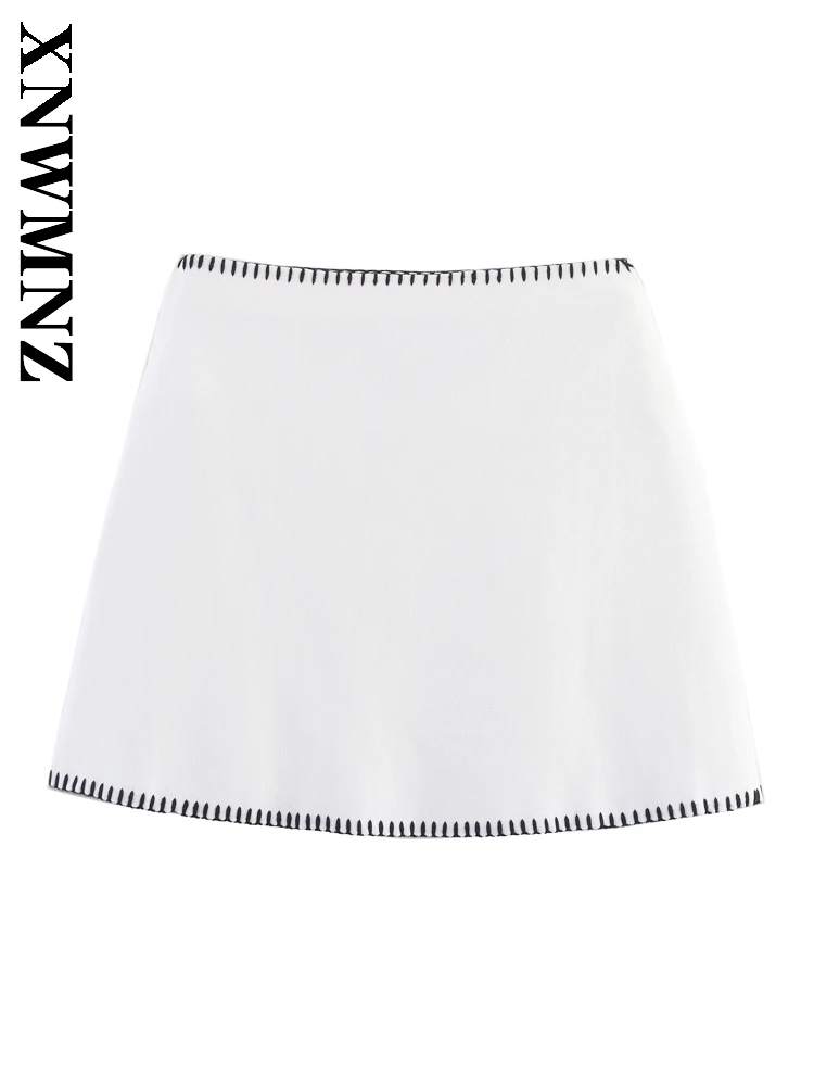 

XNWMNZ 2025 Summer New Product Woman Fashion Sexy Knit mini Bodycon Skirt Simple Chic Women Clothing Color Block Slim Skirt