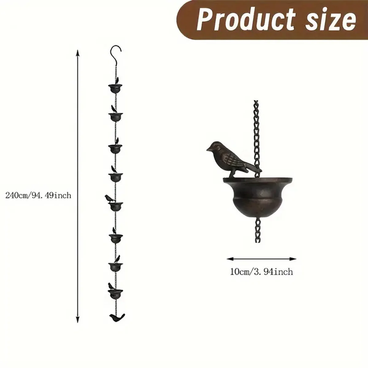 โซ่ฝนสำหรับรางน้ำนกเคลื่อนที่บนถ้วยน้ำฝน7.8Ft ตีระฆังพร้อมที่แขวนและนกที่แนบมา