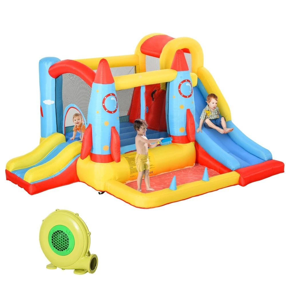 Kids Inflatable Water Slide, with 2 Slides, Climbing Wall, Trampoline, & Water Pool Area,  4-in-1 Bounce House Jumping Castle