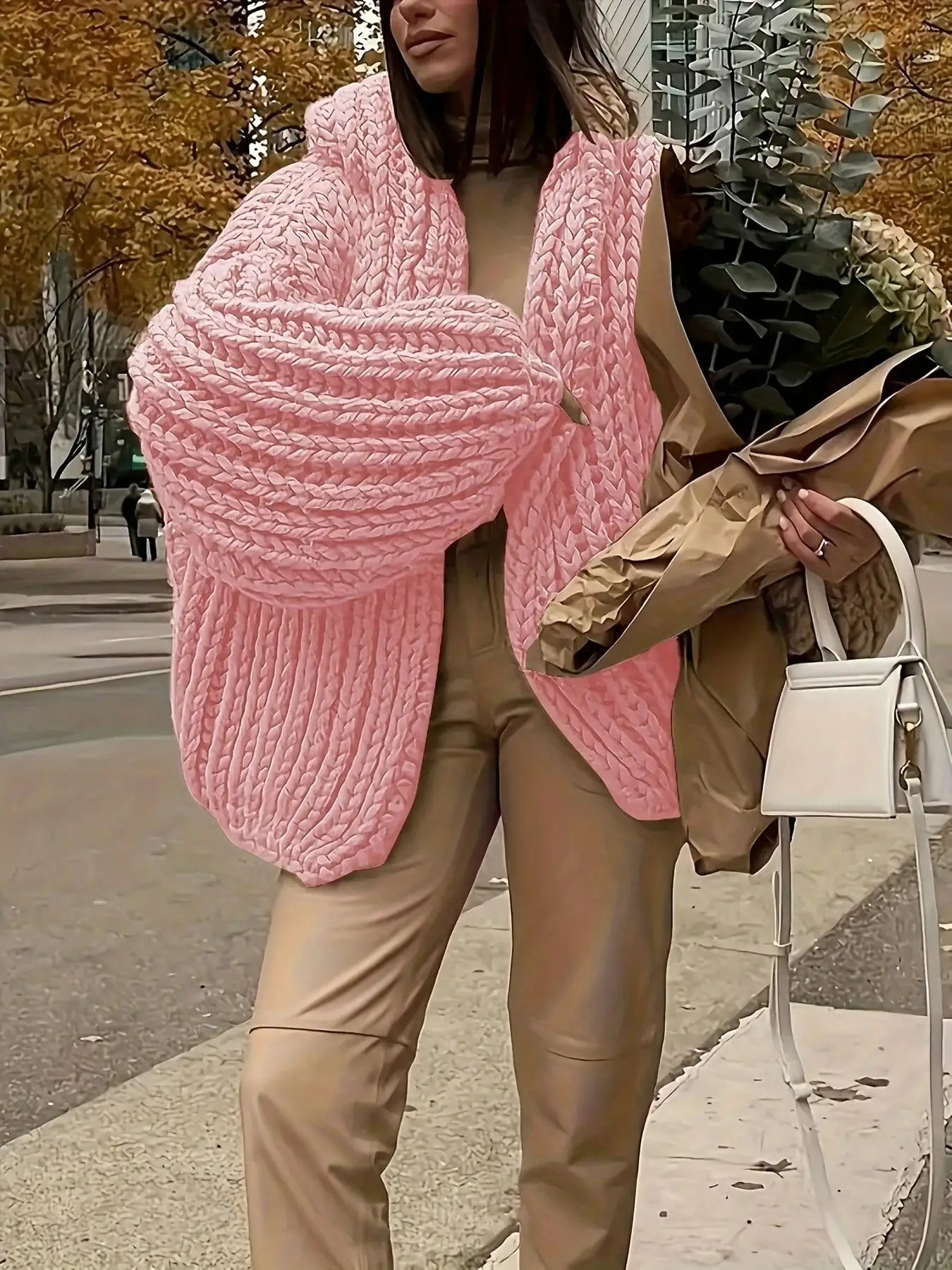 

Розовый толстый вязаный кардиган с рукавами-фонариками для женщин, уютная верхняя одежда на осень-зиму