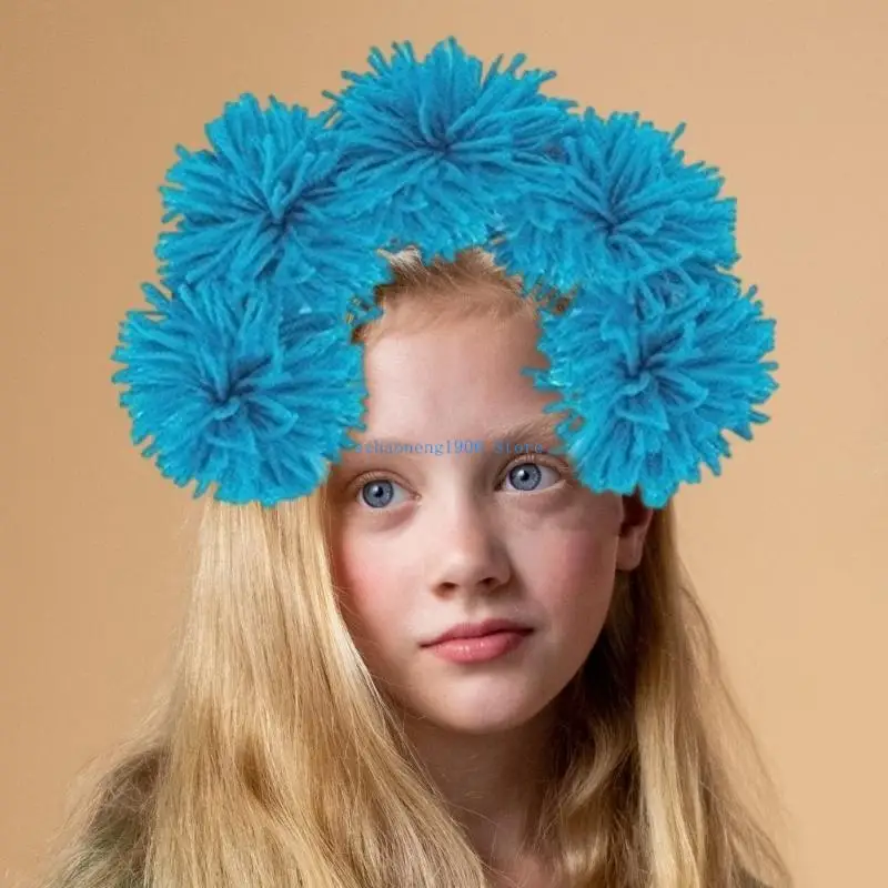 

85LF Blue Pompoms Headband All Ages Furry Yarns Hairhoop for Adult and Children Stage Performances Hairhoop Carnivals Props