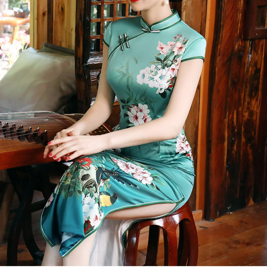 

Large Size Chinese Traditional Qipaos Dress Female Sexy Slim Fit Slit Cheongsam Vintage Printed Flower Vestidos De Festa 5XL