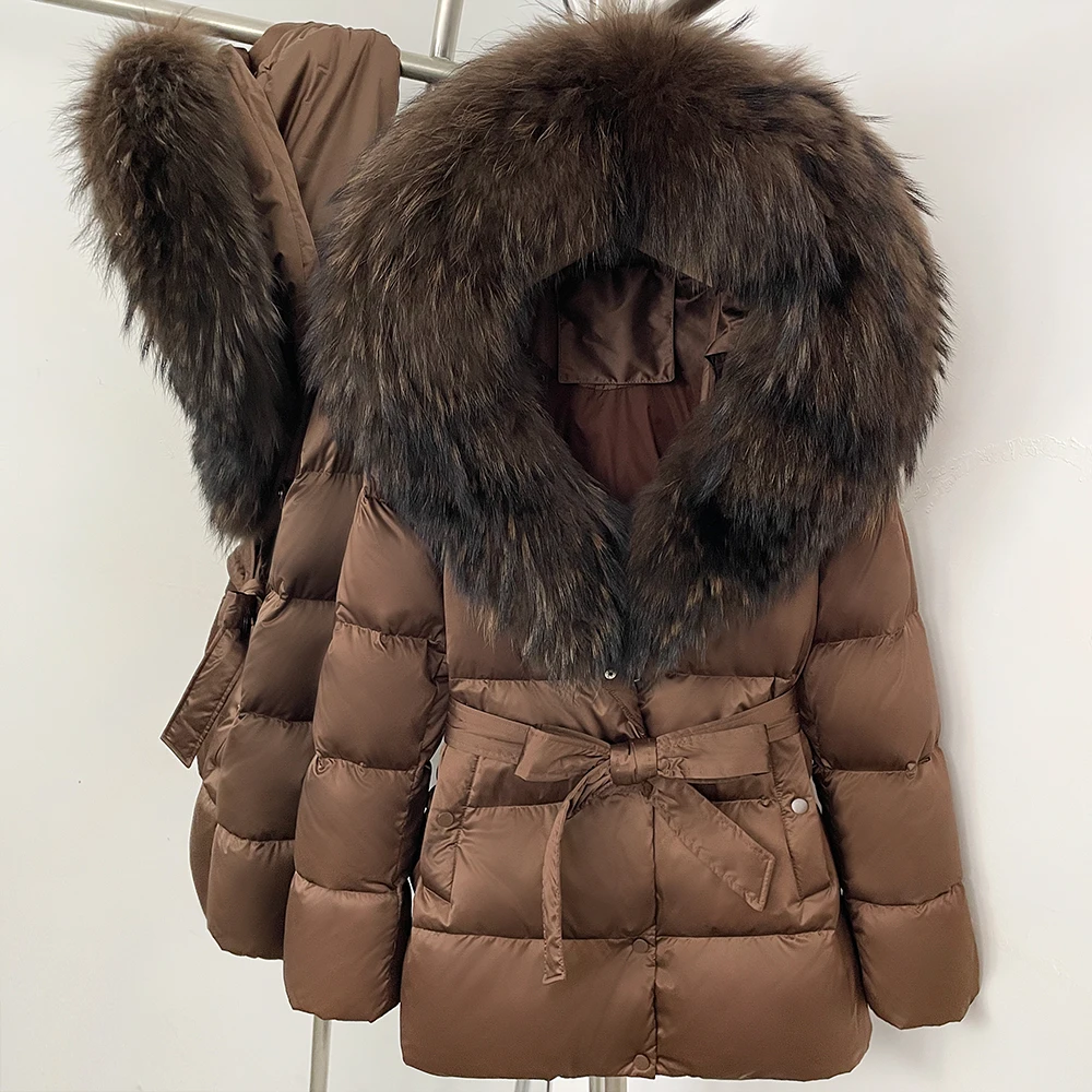 Women Winter Down Jacket Belted Waist Real Fur Coat Warm Duck Down Overcoat Hooded Occasion Winter Cold Climate Daily Outfit
