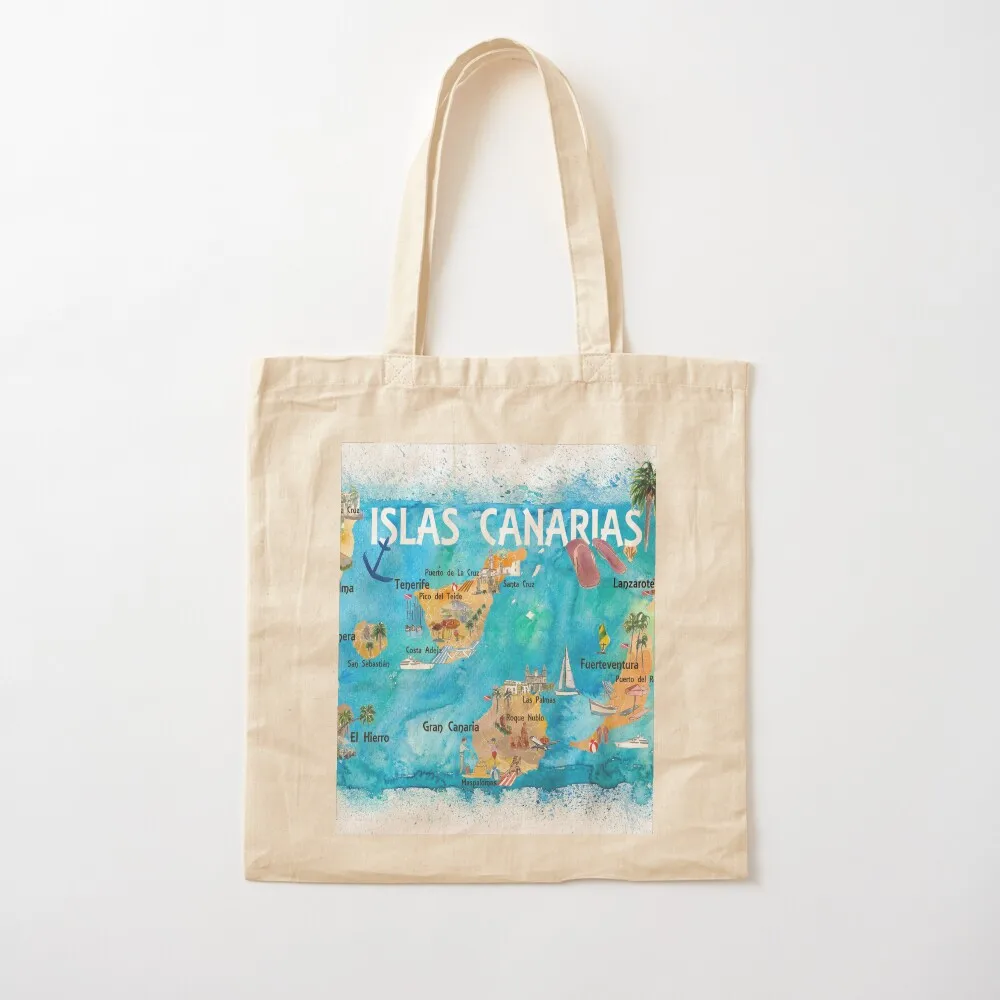 Canary Islands Illustrated Travel Map with Tenerife, Gran Canary, Lanzarote, Fuerteventura La Palma Gomera and Hierro Tote Bag